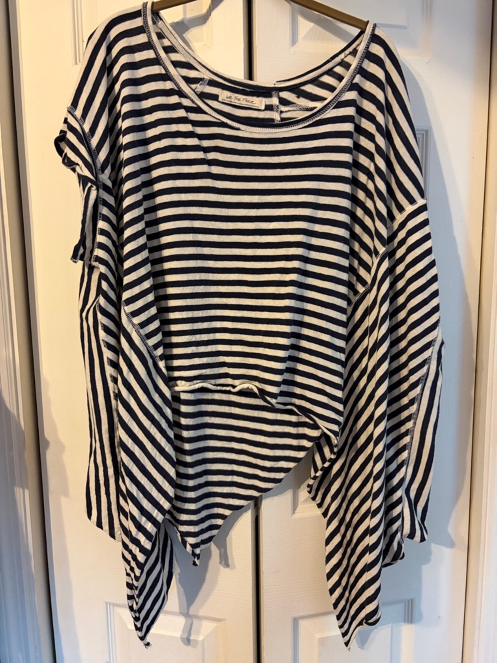 We The Free Navy & White Striped Asymmetrical Short Sleeve Top